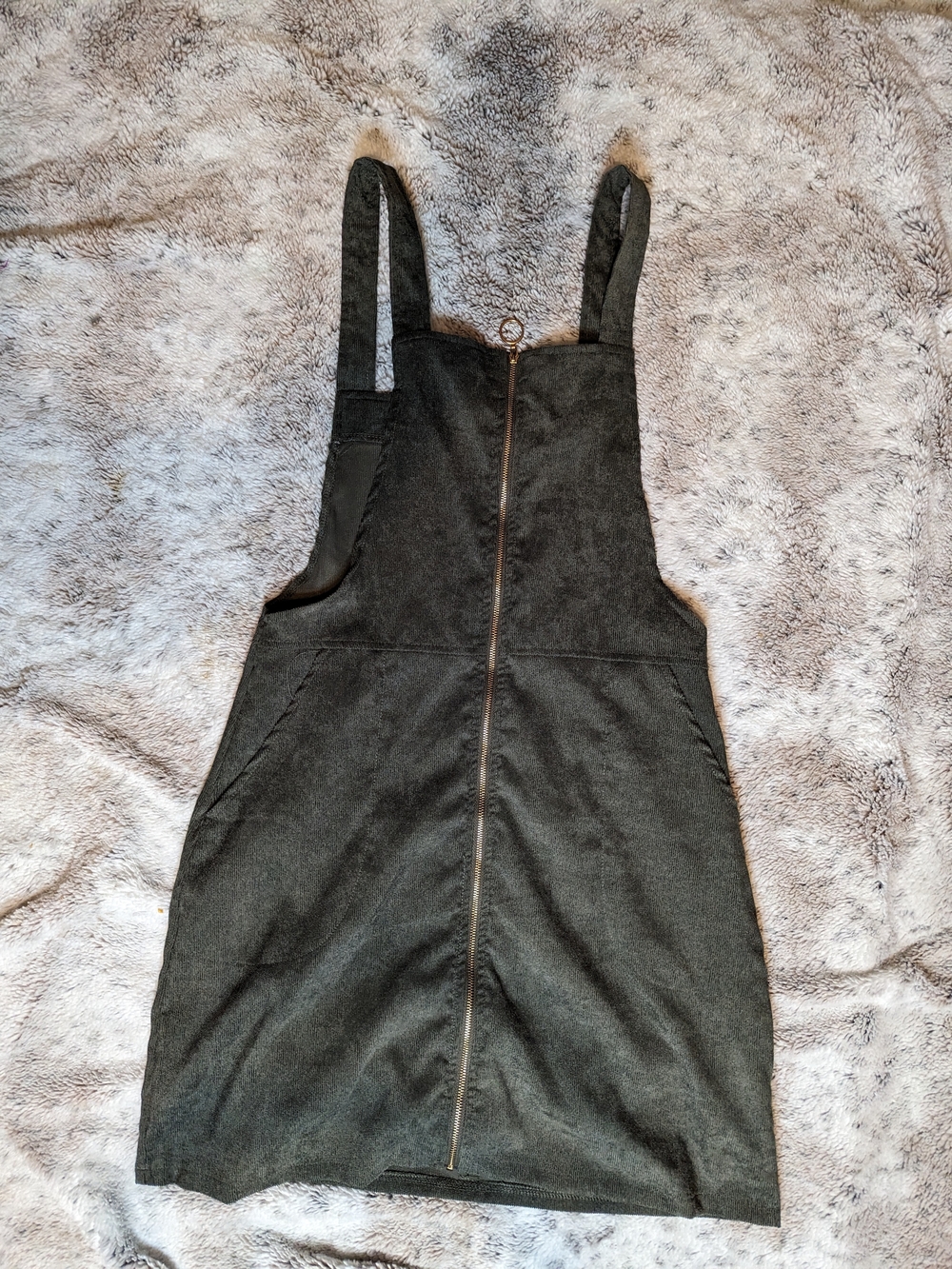 90s Style Olive Green Corduroy Overall Jumper Dress Front Zip Pockets Size M